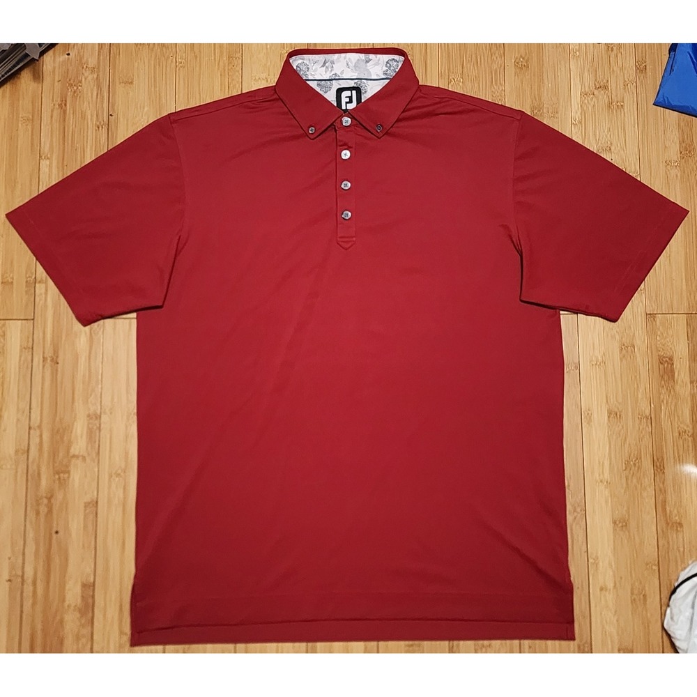 FootJoy Mens Large Crimson Red Floral Trim Button Down Collar Golf Polo 27335